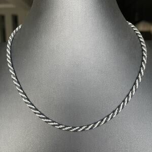 Vintage Signed Trifari Necklace Twisted Rope Silver Tone And Black 18” Length